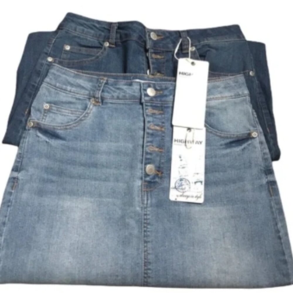 Highway Jeans | Dark Wash & Medium Wash Raw Hem Button Back Split Fly Jean Skirt